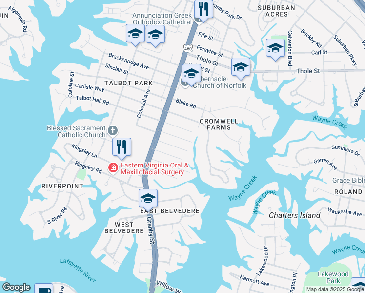 map of restaurants, bars, coffee shops, grocery stores, and more near 128 Dumont Avenue in Norfolk