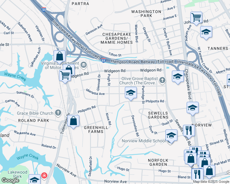 map of restaurants, bars, coffee shops, grocery stores, and more near 934 Marietta Avenue in Norfolk