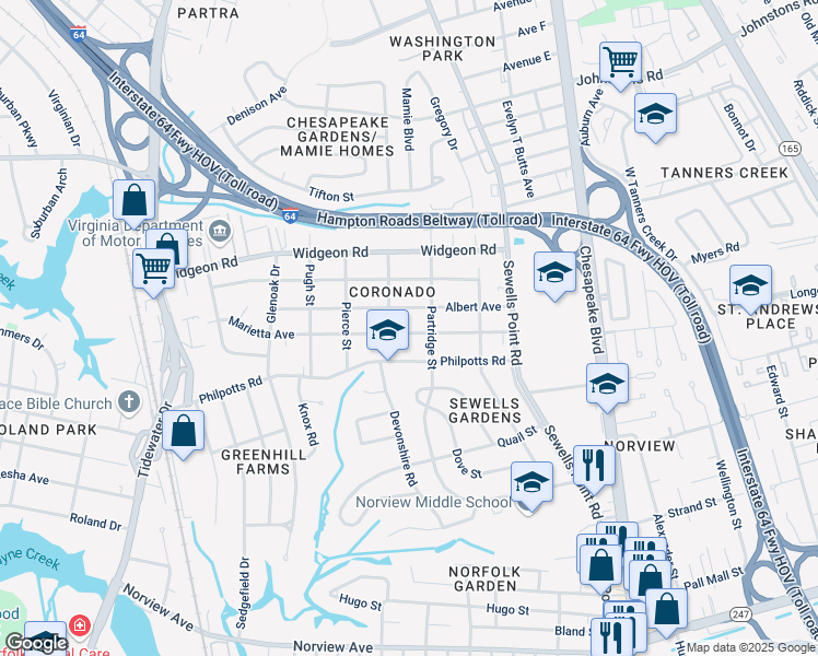 map of restaurants, bars, coffee shops, grocery stores, and more near 978 Marietta Avenue in Norfolk