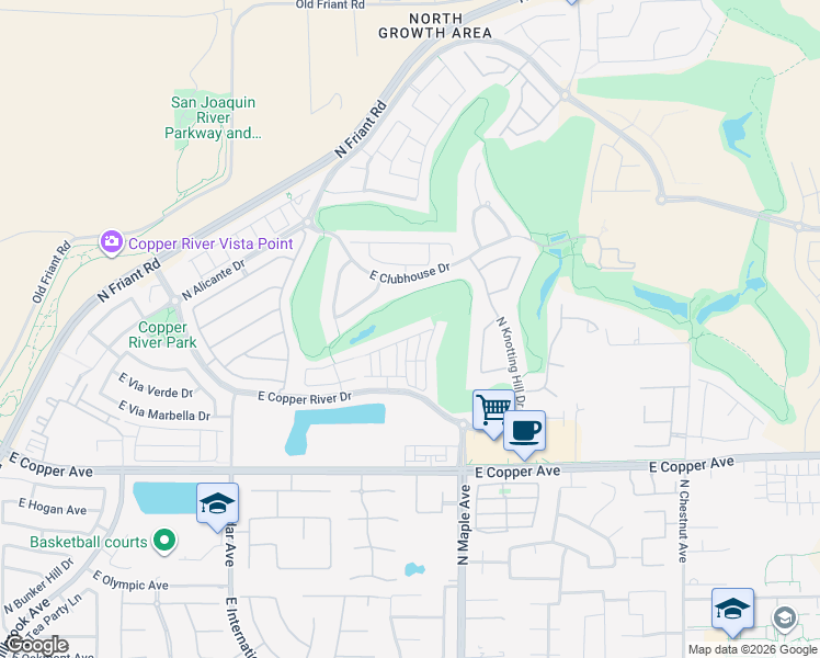 map of restaurants, bars, coffee shops, grocery stores, and more near 1850 East Green Sage Avenue in Fresno