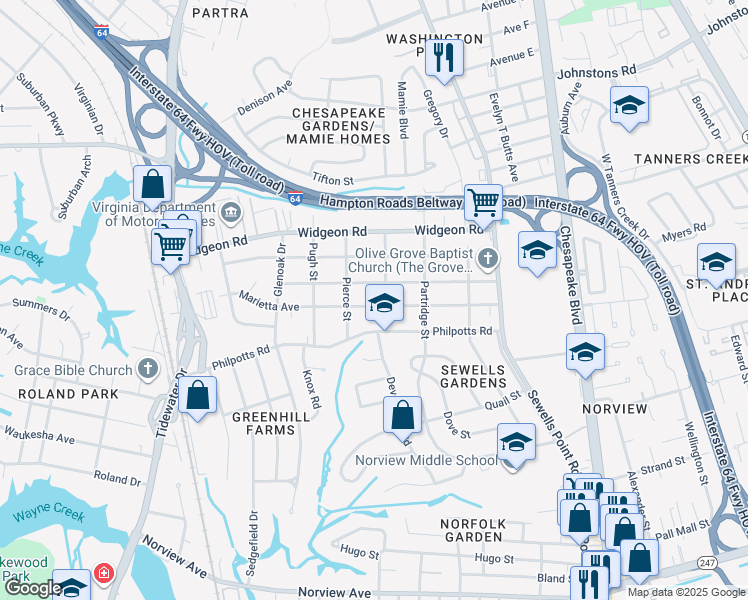 map of restaurants, bars, coffee shops, grocery stores, and more near 956 Marietta Avenue in Norfolk