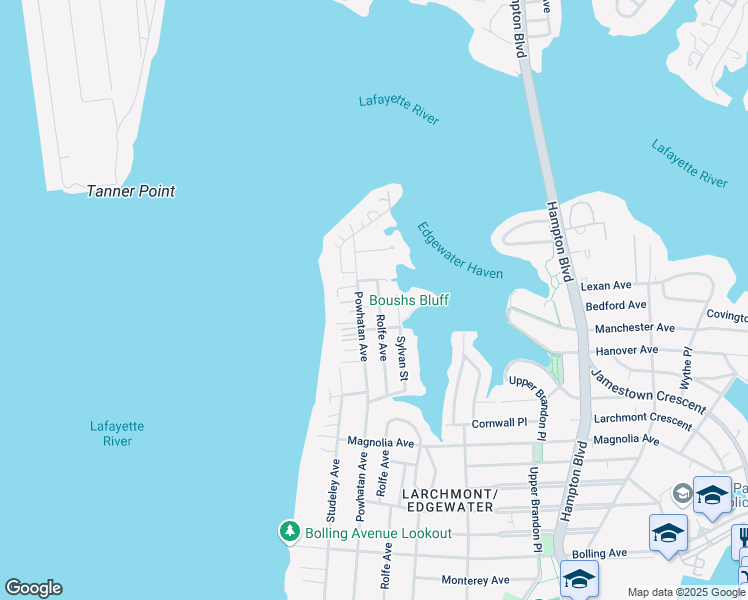 map of restaurants, bars, coffee shops, grocery stores, and more near 6224 Powhatan Avenue in Norfolk