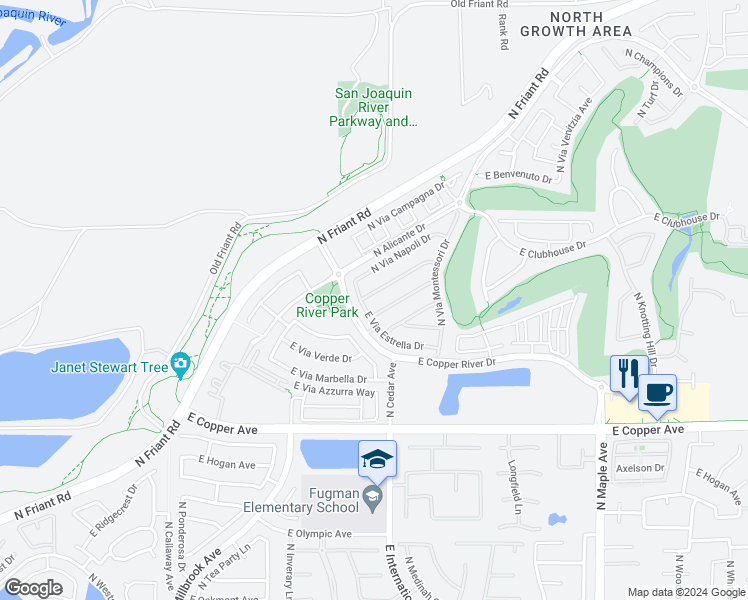 map of restaurants, bars, coffee shops, grocery stores, and more near 11314 North Via Ventana Way in Fresno