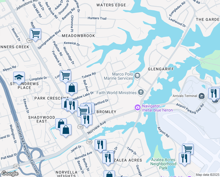 map of restaurants, bars, coffee shops, grocery stores, and more near 1913 Meadow Lake Court in Norfolk