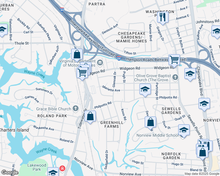 map of restaurants, bars, coffee shops, grocery stores, and more near 880 Marietta Avenue in Norfolk