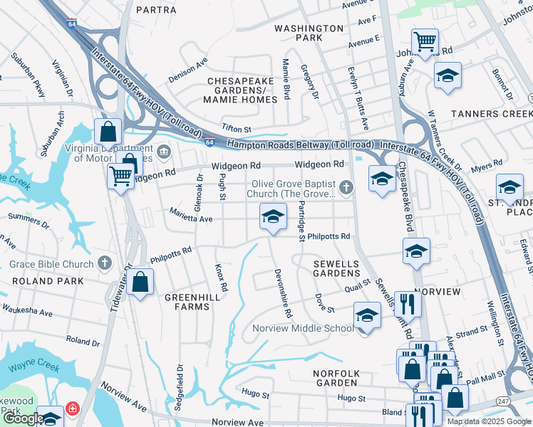 map of restaurants, bars, coffee shops, grocery stores, and more near 956 Marietta Avenue in Norfolk