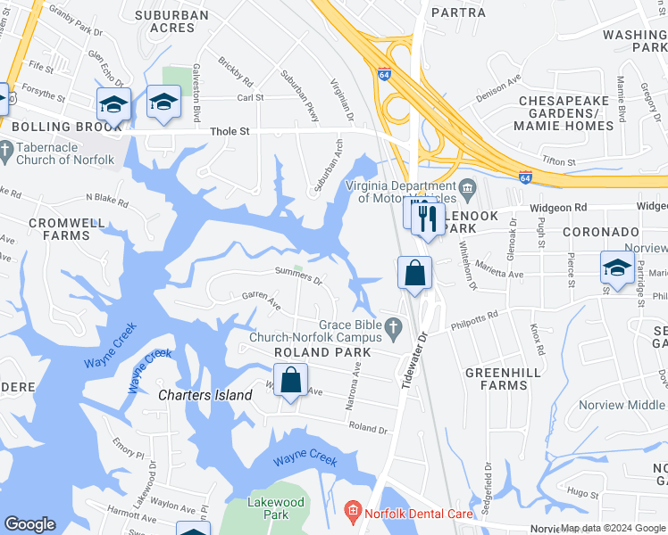 map of restaurants, bars, coffee shops, grocery stores, and more near 6512 Eva Circle in Norfolk