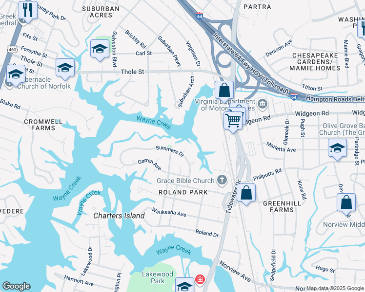 map of restaurants, bars, coffee shops, grocery stores, and more near 6509 Eva Circle in Norfolk