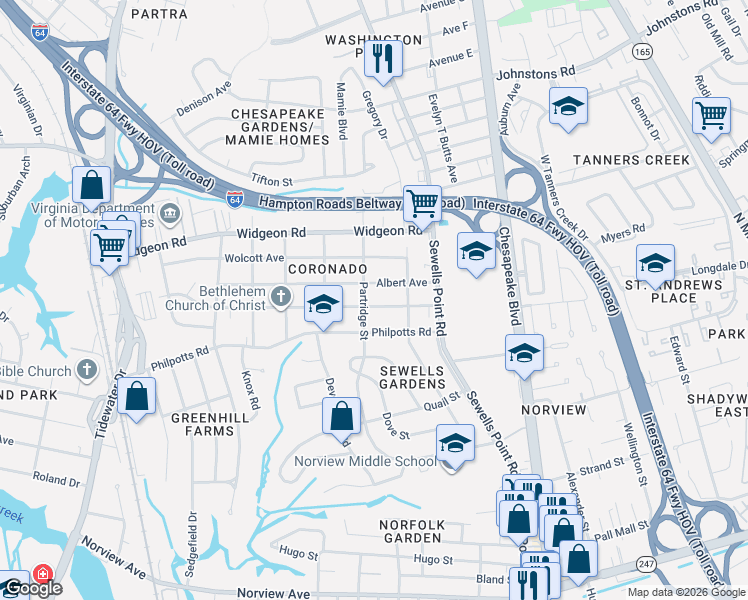 map of restaurants, bars, coffee shops, grocery stores, and more near 1008 Marietta Avenue in Norfolk