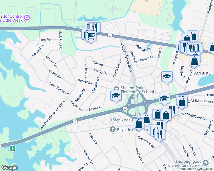 map of restaurants, bars, coffee shops, grocery stores, and more near 5040 School Road in Virginia Beach