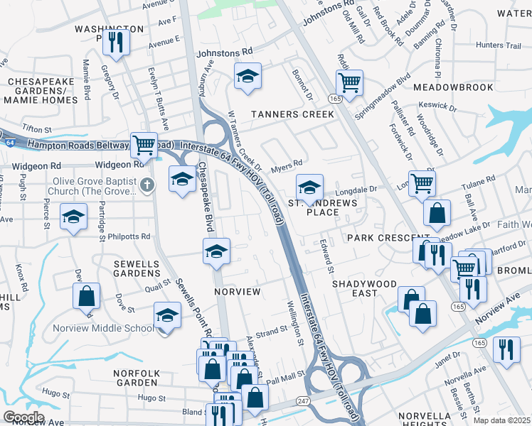map of restaurants, bars, coffee shops, grocery stores, and more near 1290 Dundale Avenue in Norfolk