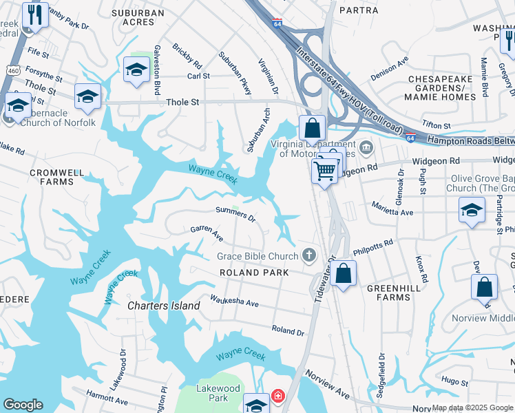 map of restaurants, bars, coffee shops, grocery stores, and more near 6513 Eva Circle in Norfolk