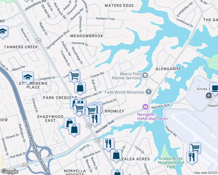 map of restaurants, bars, coffee shops, grocery stores, and more near 1830 Meadow Lake Drive in Norfolk