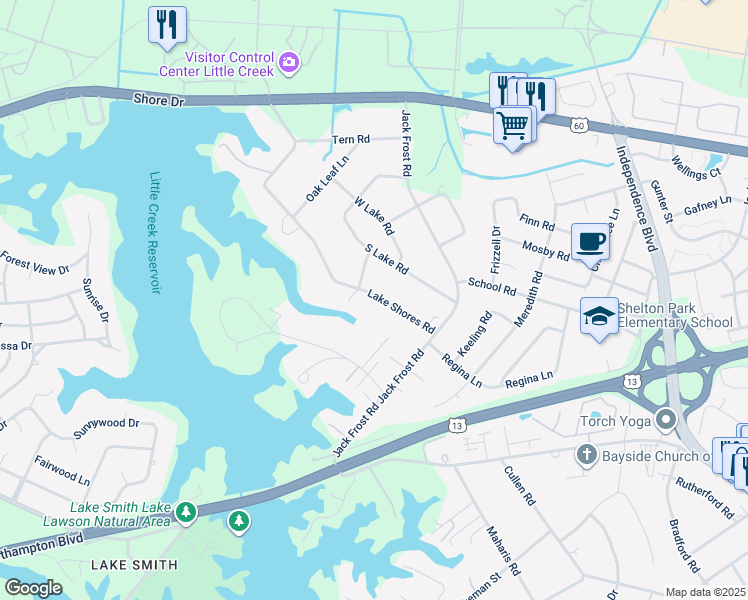 map of restaurants, bars, coffee shops, grocery stores, and more near 5131 Lake Shores Road in Virginia Beach