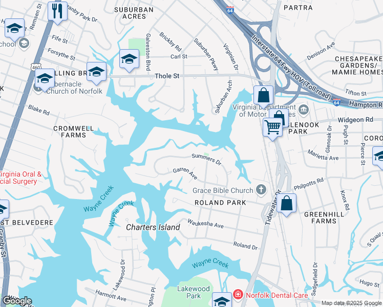 map of restaurants, bars, coffee shops, grocery stores, and more near 572 Summers Drive in Norfolk