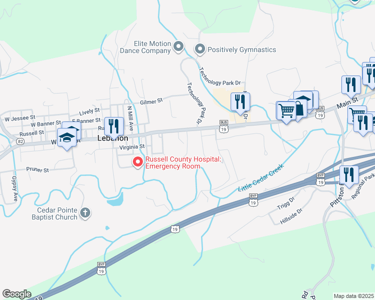map of restaurants, bars, coffee shops, grocery stores, and more near Maple Grove Drive in Lebanon