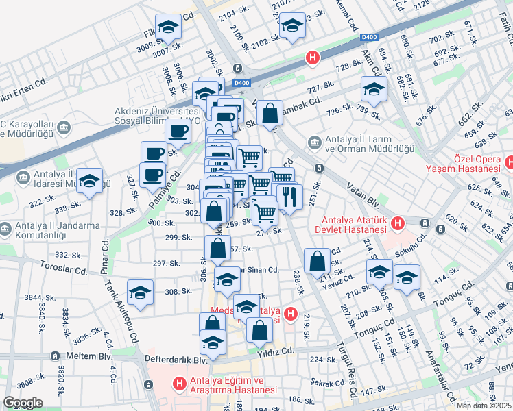 map of restaurants, bars, coffee shops, grocery stores, and more near 253. Sokak in Muratpaşa