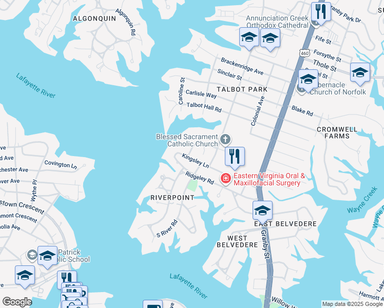map of restaurants, bars, coffee shops, grocery stores, and more near 457 Painter Street in Norfolk