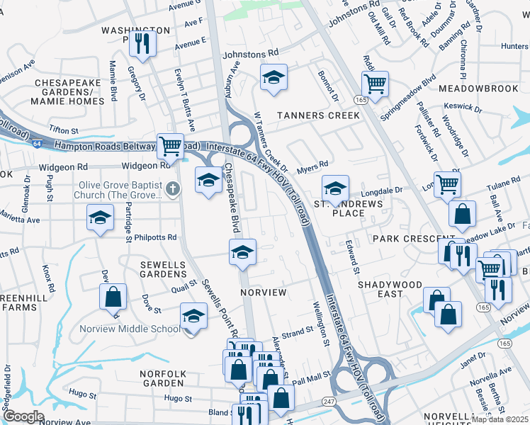 map of restaurants, bars, coffee shops, grocery stores, and more near 6601 Jefferson Court in Norfolk