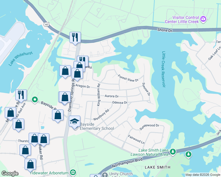 map of restaurants, bars, coffee shops, grocery stores, and more near 5572 Aragon Drive in Virginia Beach