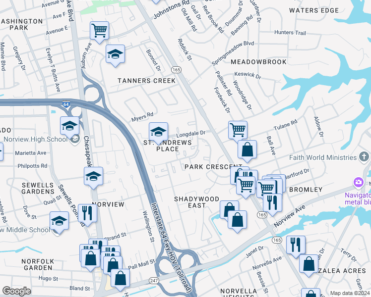 map of restaurants, bars, coffee shops, grocery stores, and more near 1462 East Tanners Creek Drive in Norfolk