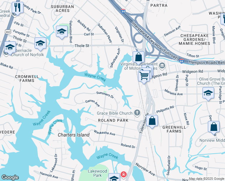 map of restaurants, bars, coffee shops, grocery stores, and more near 6509 Eva Circle in Norfolk