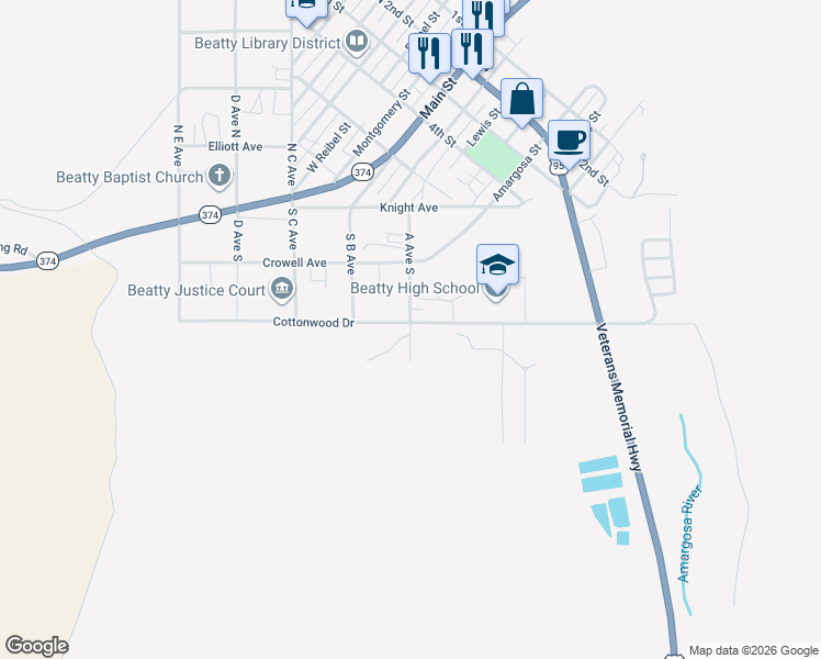 map of restaurants, bars, coffee shops, grocery stores, and more near 1100 A Avenue South in Beatty
