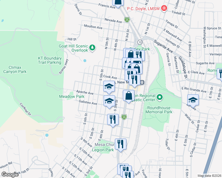 map of restaurants, bars, coffee shops, grocery stores, and more near 318-398 Rio Grande Avenue in Raton