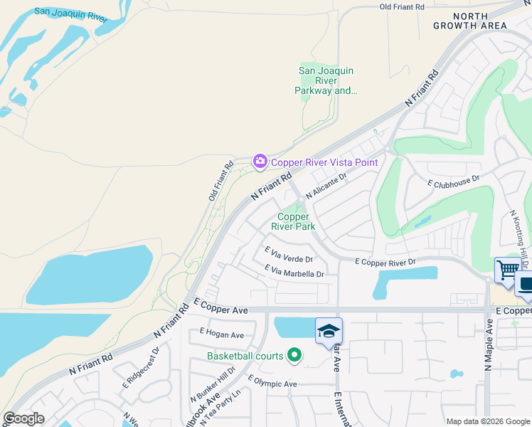 map of restaurants, bars, coffee shops, grocery stores, and more near 1205 East Via Roma Drive in Fresno
