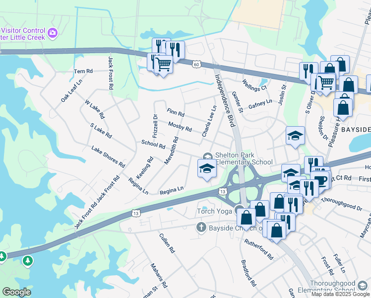 map of restaurants, bars, coffee shops, grocery stores, and more near 5040 School Road in Virginia Beach