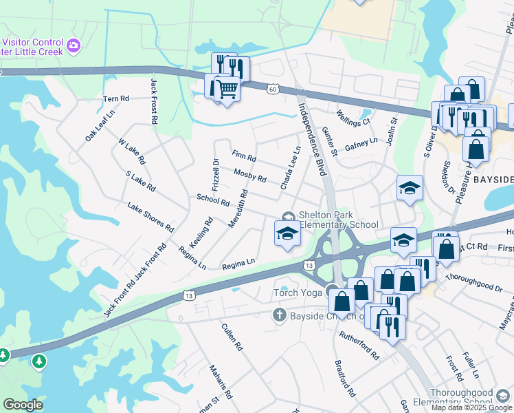 map of restaurants, bars, coffee shops, grocery stores, and more near 5040 School Road in Virginia Beach
