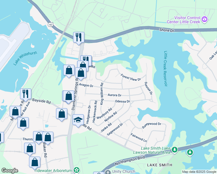 map of restaurants, bars, coffee shops, grocery stores, and more near 5597 Aragon Drive in Virginia Beach