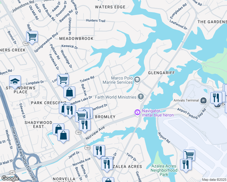 map of restaurants, bars, coffee shops, grocery stores, and more near 1913 Meadow Lake Court in Norfolk