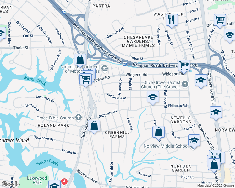 map of restaurants, bars, coffee shops, grocery stores, and more near 880 Marietta Avenue in Norfolk