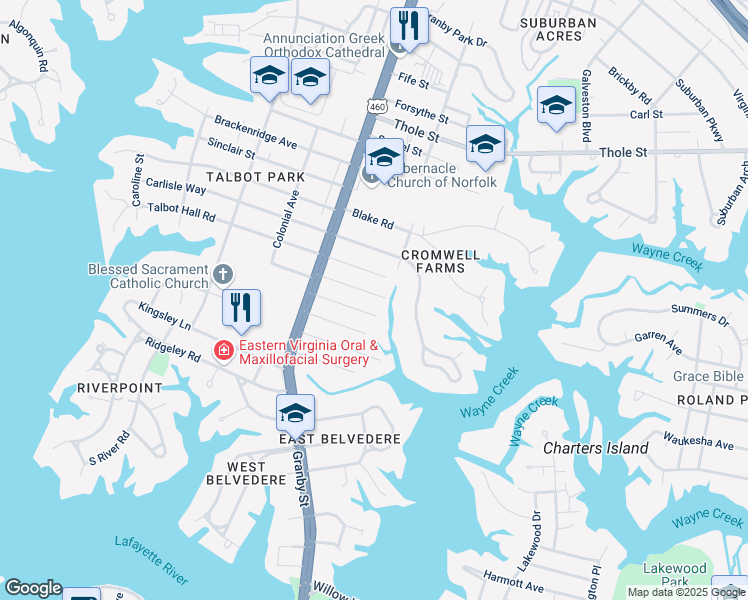 map of restaurants, bars, coffee shops, grocery stores, and more near 128 Dumont Avenue in Norfolk