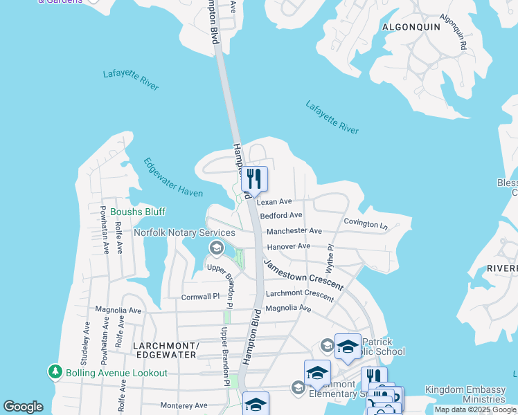 map of restaurants, bars, coffee shops, grocery stores, and more near 6401 Hampton Boulevard in Norfolk