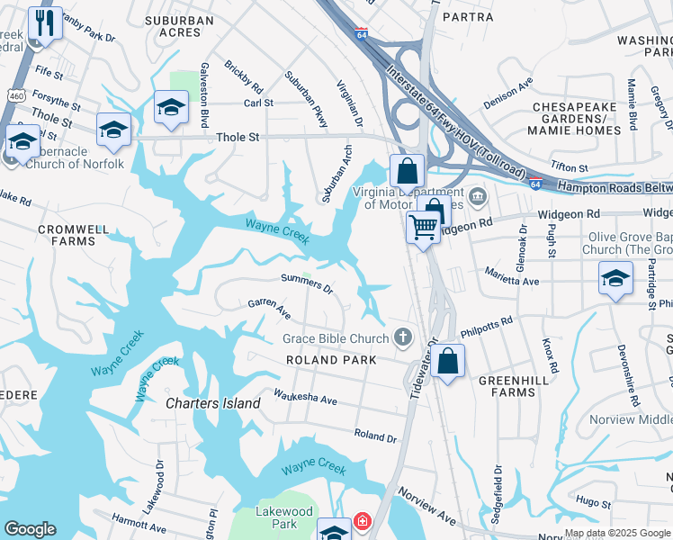 map of restaurants, bars, coffee shops, grocery stores, and more near 6513 Eva Circle in Norfolk
