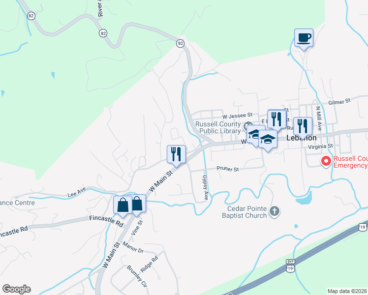 map of restaurants, bars, coffee shops, grocery stores, and more near Old Fincastle Road in Lebanon