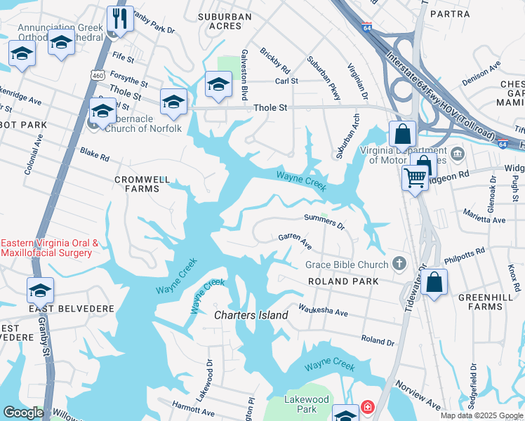 map of restaurants, bars, coffee shops, grocery stores, and more near 520 Summers Drive in Norfolk