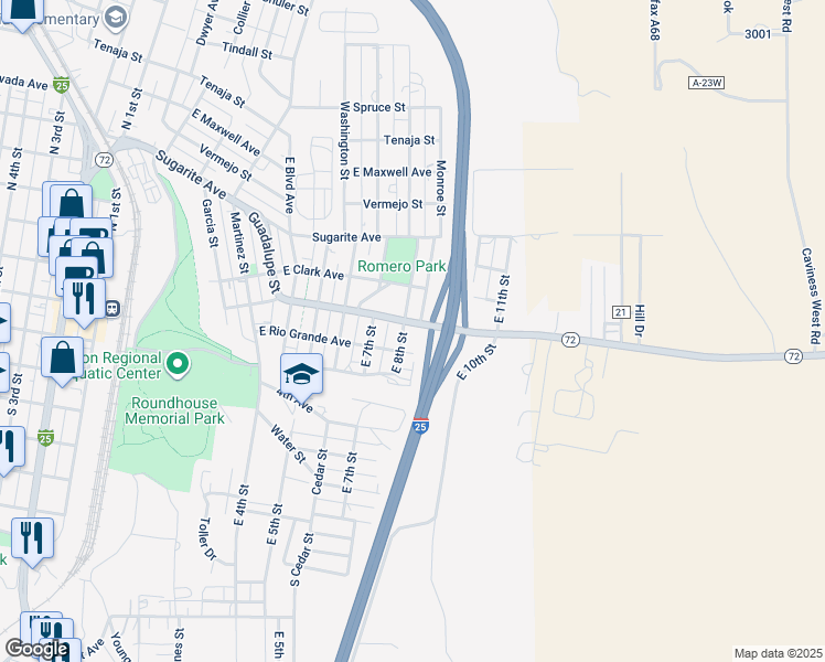 map of restaurants, bars, coffee shops, grocery stores, and more near 801 East Cook Avenue in Raton