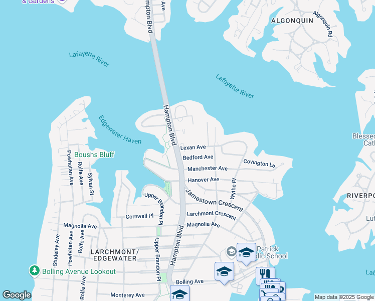 map of restaurants, bars, coffee shops, grocery stores, and more near 1144 Bedford Avenue in Norfolk