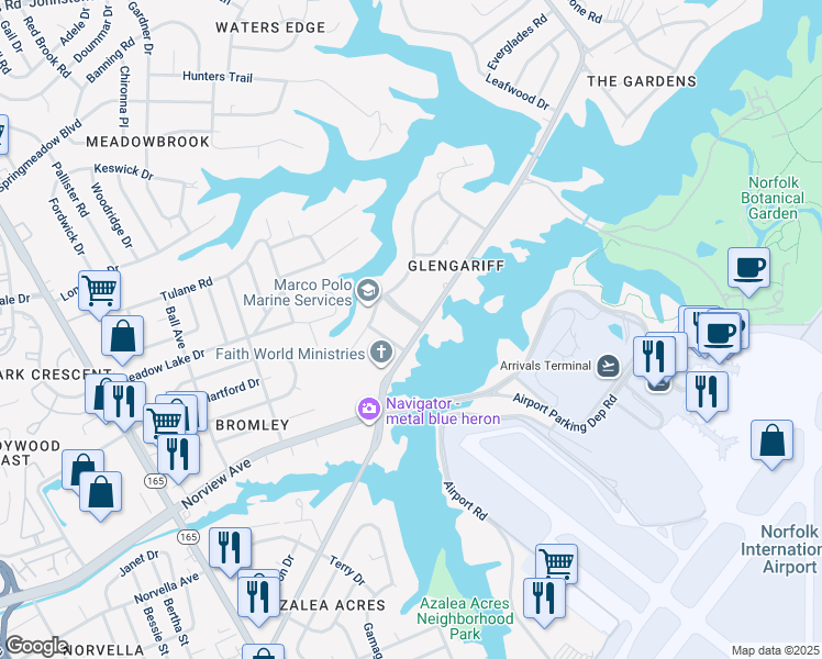 map of restaurants, bars, coffee shops, grocery stores, and more near 2133 Carriage Lane in Norfolk