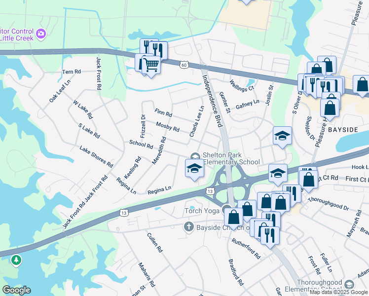 map of restaurants, bars, coffee shops, grocery stores, and more near 5040 School Road in Virginia Beach