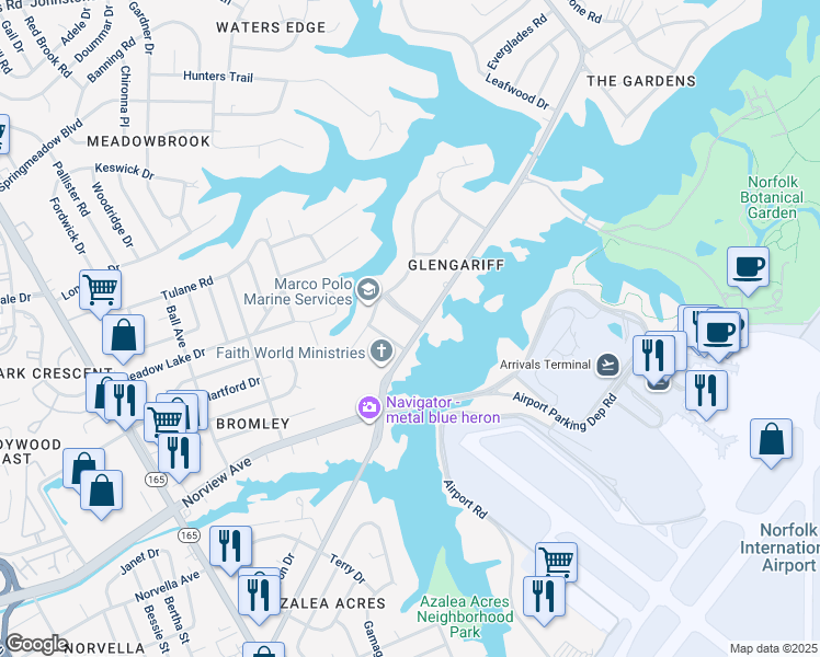 map of restaurants, bars, coffee shops, grocery stores, and more near 2133 Carriage Lane in Norfolk