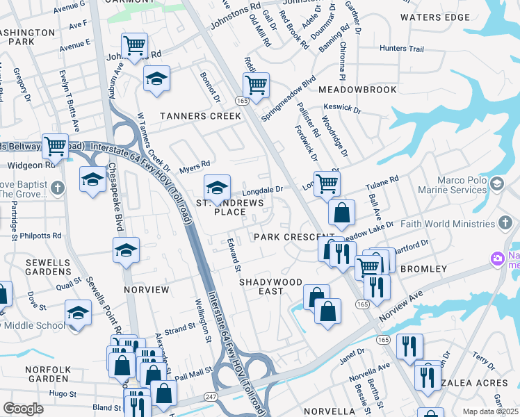 map of restaurants, bars, coffee shops, grocery stores, and more near 1474 East Tanners Creek Drive in Norfolk