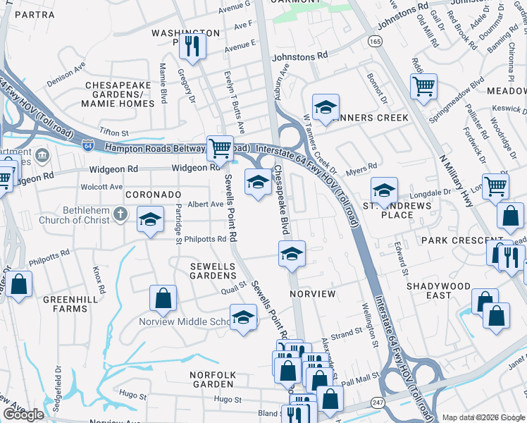 map of restaurants, bars, coffee shops, grocery stores, and more near 6501 Chesapeake Boulevard in Norfolk