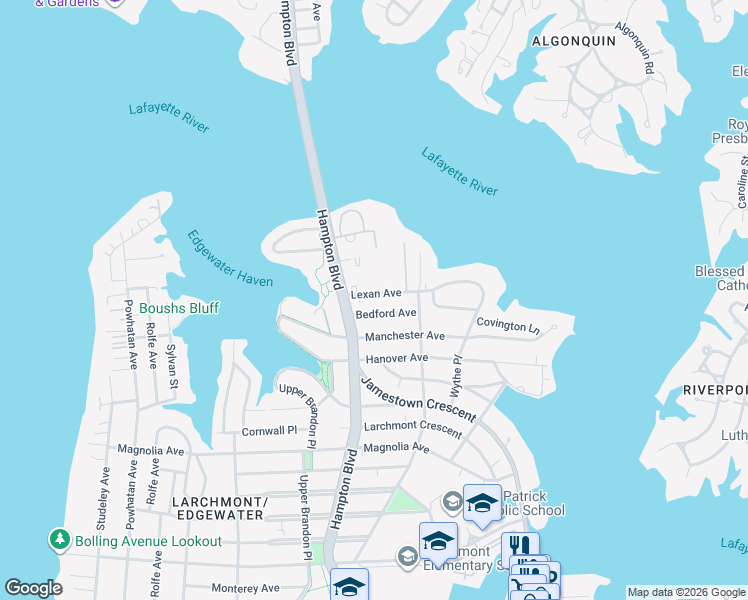 map of restaurants, bars, coffee shops, grocery stores, and more near 1144 Bedford Avenue in Norfolk