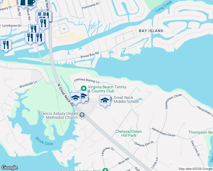 map of restaurants, bars, coffee shops, grocery stores, and more near 2064 Thomas Bishop Ln in Virginia Beach
