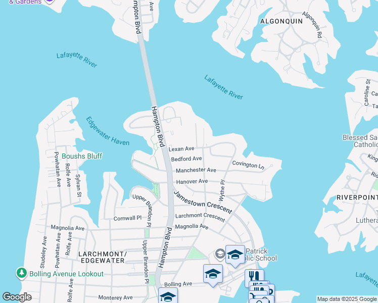 map of restaurants, bars, coffee shops, grocery stores, and more near 1144 Bedford Avenue in Norfolk