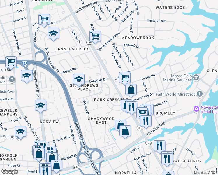 map of restaurants, bars, coffee shops, grocery stores, and more near 6460 Crescent Way in Norfolk